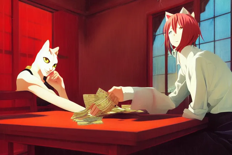 Image similar to anime key visual of anime cat girl losing all of her money on the stock market, panic red, style of jamie wyeth james gilleard edward hopper greg rutkowski acrylic painting, preserved museum piece, historical