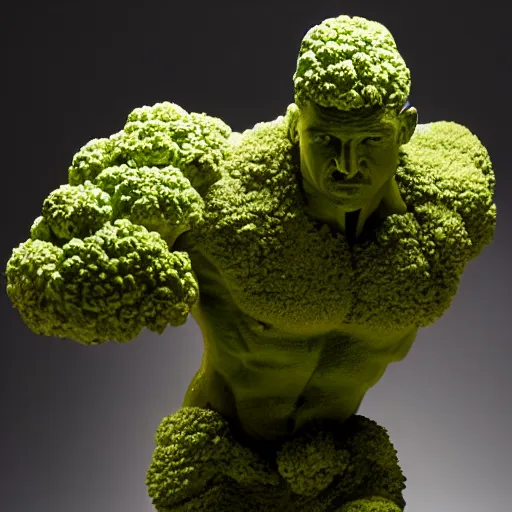 Prompt: Sculpture of a bodybuilder made entirely from fresh broccoli, by Antoni Gaudi, studio lighting