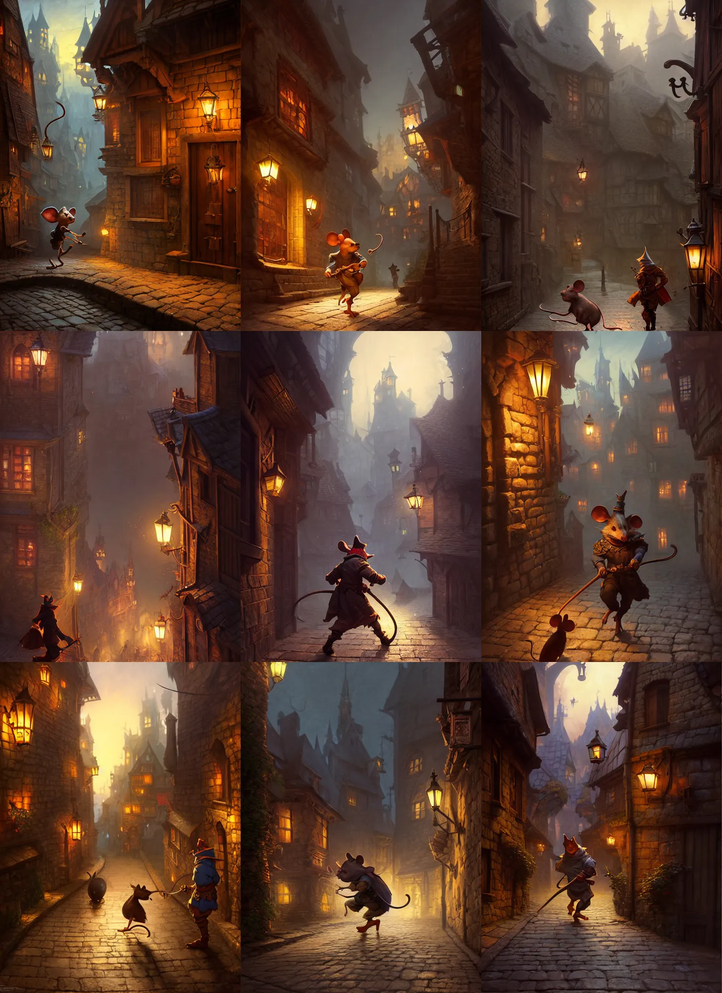 Image similar to Anthropomorphic mouse thief sneaking through a medieval town by night, DnD character, unreal engine, octane render, dramatic lighting, pond, digital art, by Stanley Artgerm Lau, greg rutkowski, thomas kindkade, alphonse mucha, loish, norman Rockwell