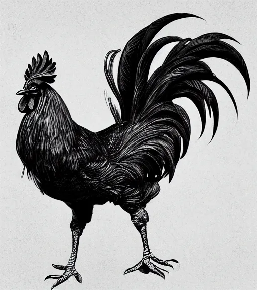 Image similar to beautiful rooster black and white drawing, in the style of greg rutkowski, fantasy, amazing detail, epic, intricate, elegant, smooth, sharp focus