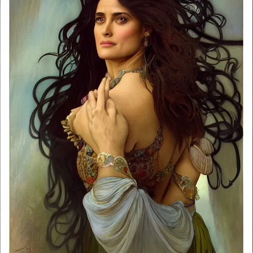 Image similar to salma hayek portrait by alfons mucha, playful, fantasy, medieval, beautiful face, vivid colrs, elegant, concept art, sharp focus, digital art, hyper - realistic, 4 k, unreal engine, highly detailed, hd, dramatic lighting by brom, trending on artstation