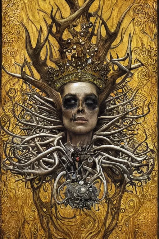 Image similar to The Crown of Bones by Karol Bak, Jean Deville, Gustav Klimt, and Vincent Van Gogh, mystic eye, otherworldly, crown made of bones, antlers, horns, ornate jeweled crown, skull, fractal structures, arcane, inferno, inscribed runes, infernal relics, ornate gilded medieval icon, third eye, spirals, rich deep moody colors