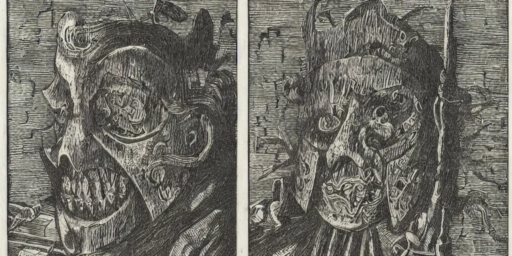 Prompt: scan of book with wood engravings of tyrolean folklore masks, scary dark, dark ink, old paper