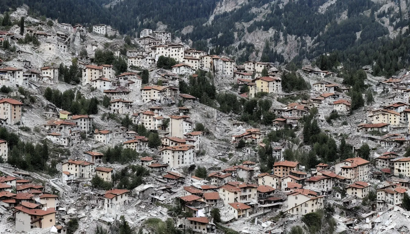 Prompt: an italian town in the dolomites mountains destroyed after heavy artillery shelling and bombardments