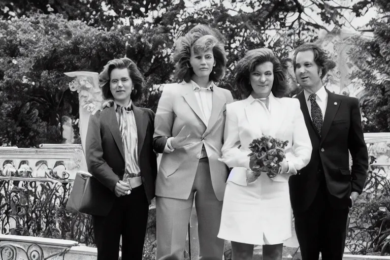 Prompt: press photo of a beautiful thirtysomething powerful female president in a suit, being held romantically by her two younger boyfriends in the white house rose garden, professional photo, press photo, glamorous, 8 k photorealistic, very detailed