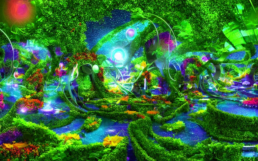 Prompt: techno - spiritual utopian futurist garden, perfect future, award winning digital art