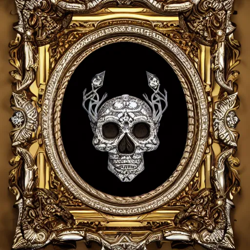 Image similar to a portrait of a beautiful ornate and intricate rococo skull with diamonds as eyes and with silver and gold details and diamonds inside a rococo frame, 4k, octane render, vray, unreal engine, photorealistic