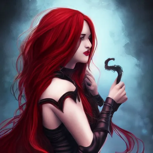 Image similar to princess of darkness, style of artgerm comic, piercing eyes, long glowing red hair, waterhouse, character art, matte