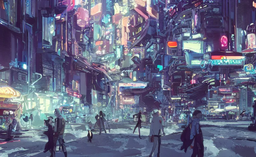 Prompt: a movie still from a space opera studio ghibli animation a crowd in a busy run down market on a huge cruiser spaceship wearing a sci - fi outfit, dark future, cyberpunk, grungy, space opera, cassette futurism, studio ghibli, pixar, sharp, octane render, anime art by artgerm and pascale campion, beautiful dramatic lighting