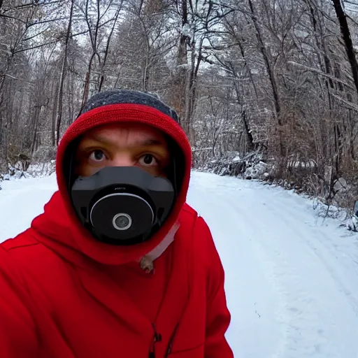 Prompt: thug shaker in red ski mask looking at camera caught on trailcam