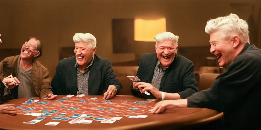 Prompt: film still of old men laughing!!!! sitting at a round table playing a card game with giant cards, directed by david lynch, backlighting, spotlight