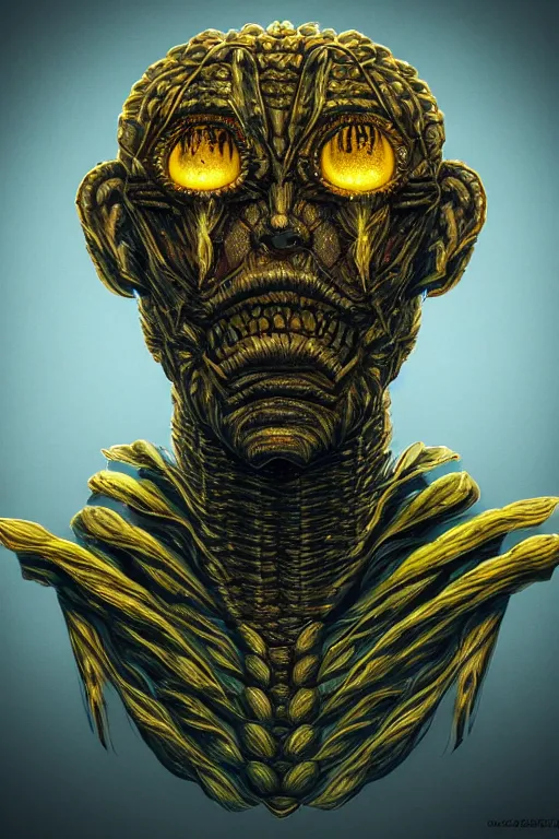 Image similar to corn humanoid figure monster, symmetrical, highly detailed, digital art, sharp focus, trending on art station, amber eyes