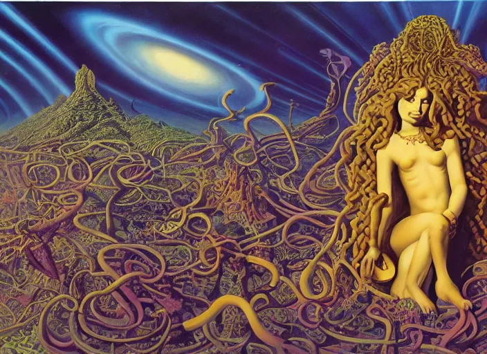 Image similar to monalisa as medusa, omnious by kilian eng, chris foss, rodney matthews, robert mccall, jacek yerka and vladimir kush, oil on canvas