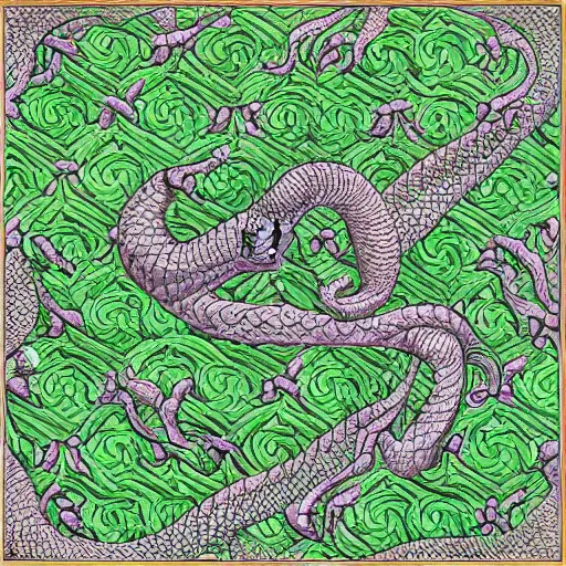 Prompt: green dragon surrounded by tessellation of rosebuds, by mc escher, fractal
