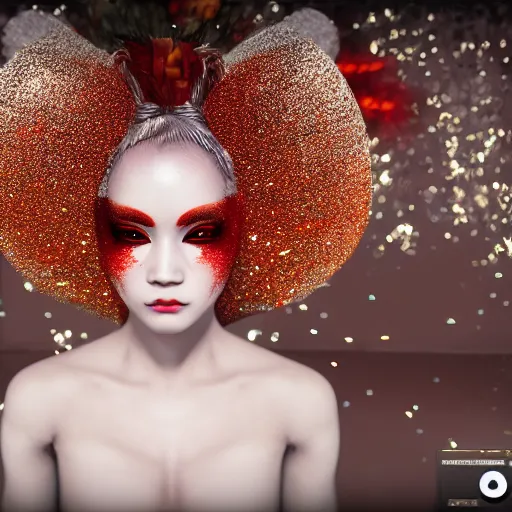 Prompt: mad albino geisha covered in glitter, unreal engine octne, detailed,intrincate, realistic,8k, epic lights