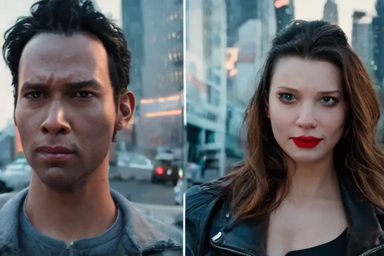 Image similar to movie superhero couple closeup, DC vs Marvel fashion, VFX magic powers at night in the city, city street, beautiful skin, natural lighting by Emmanuel Lubezki