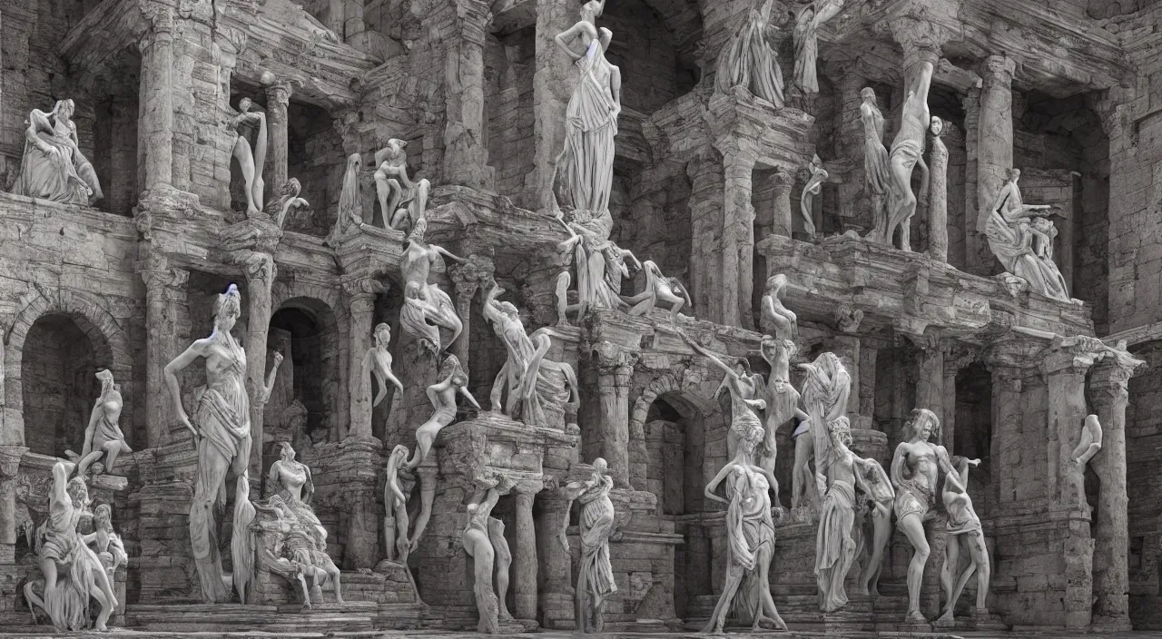 Image similar to 2 0 giant women body sculptures creating a rare building at the kingdom of julius caesar, roman historic works, hyper - detailed, artstation trending, world renowned artists, historic artworks society, antique renewel, good contrast,, cgsociety, by greg rutkowski, by gustave dore, deviantart, 3 5 mm lens,