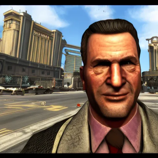 Prompt: Mr Robert House from Fallout New Vegas, taking a selfie on the Las Vegas Strip, real, 8k,