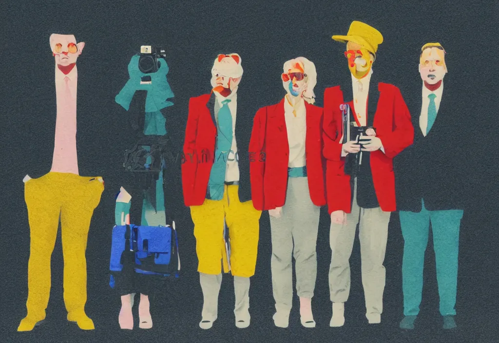 Image similar to full body portrait of a trio of european tourists with nikon cameras, character designs painting, in the style of wes anderson, rene magritte, lola dupre, david hockney, isolated on white background, dark monochrome neon spraypaint accents volumetric octane render