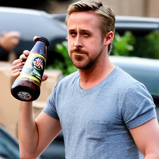 Image similar to Ryan Gosling drinks a huge mug of beer