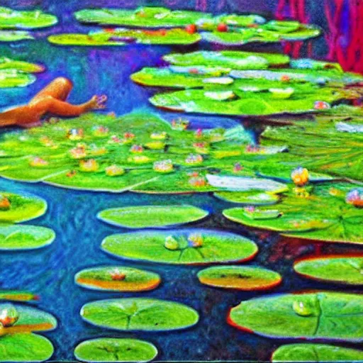 Prompt: alex jone infowars, lying on lily pad, frogs, style of claude monet, rainbow colors, painting