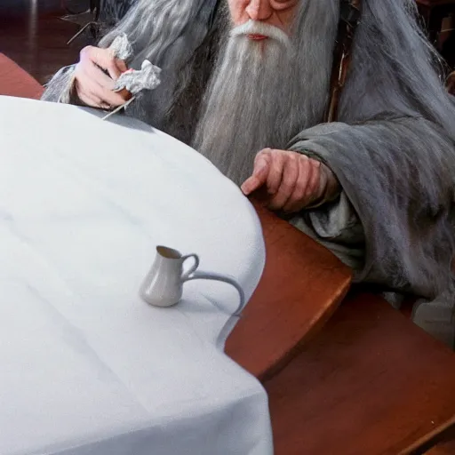 Image similar to gandalf sniffing and snorting white substance from table