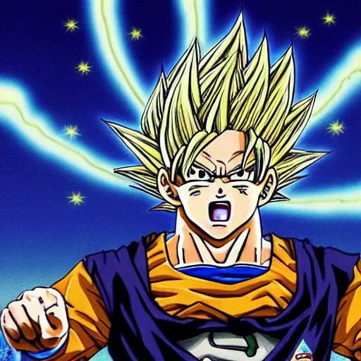 Prompt: portrait of Bernie Sanders from dragon ball z with glowing golden aura flying over a desert field, super saiyan 3, yellow spiky hair, high quality photo, 4k