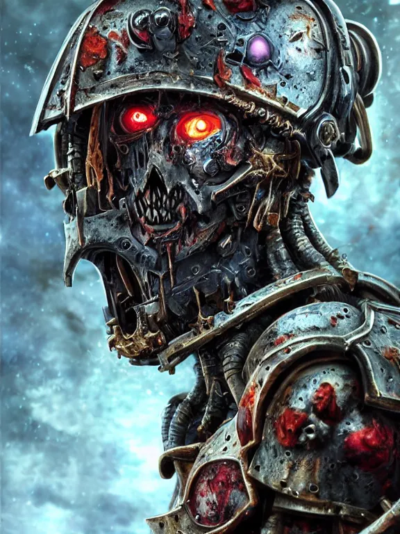Image similar to portrait art of 8k ultra realistic undead corrupted space marine, eyes on fire , detailed intricate ornate armour,decaying, cybernetic, full of colour, cinematic lighting, battered, trending on artstation, 4k, hyperrealistic, focused, extreme details,unreal engine 5, cinematic, masterpiece, art by ayami kojima, giger