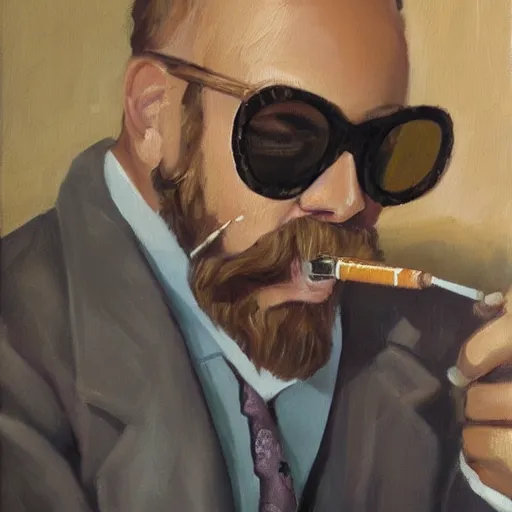 Prompt: an oil painting of a man wearing an old suit with a short beard and a hairstyle with circle sunglasses smoking a cigarette and reading a book