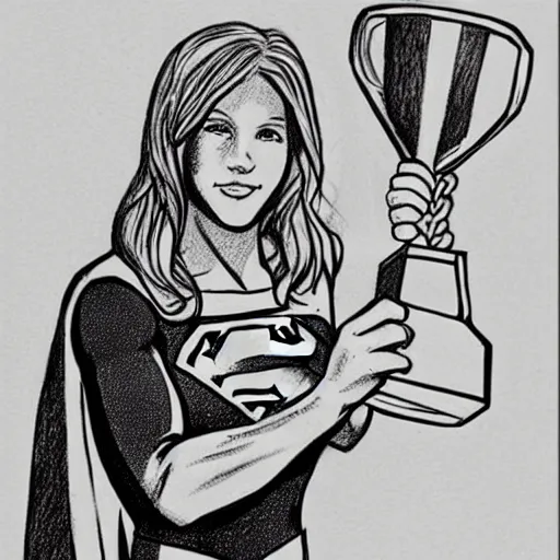 Prompt: child's drawing of supergirl lifting a trophy.