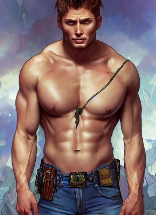 Image similar to photorealistic, canon eos 5 d mark iv, pretty muscular dean winchester as a character in romance book art design, character concept, sharp focus!, ultra detailed, art by artgerm alphonse mucha, wlop