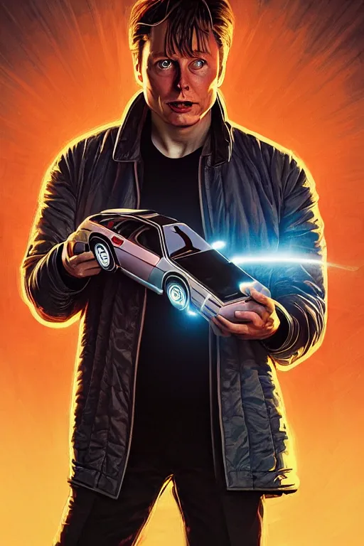 Image similar to elon musk as marty mcfly near delorean, realistic portrait, symmetrical, highly detailed, digital painting, artstation, concept art, smooth, sharp focus, illustration, cinematic lighting, art by artgerm and greg rutkowski and alphonse mucha