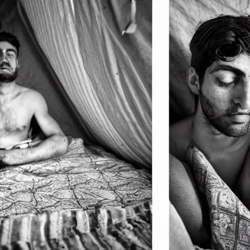 Image similar to Photograph of Surprised 25 year old man with Mediterranean features in ancient Canaanite clothing wakes up in bed, shocked looking at his sleeping wife. Interior ancient tent. 40mm lens, shallow depth of field, split lighting