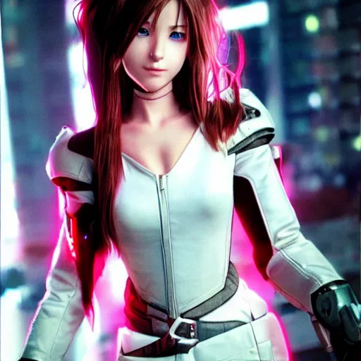 Image similar to Aerith from Final Fantasy wearing cyberpunk plugsuit