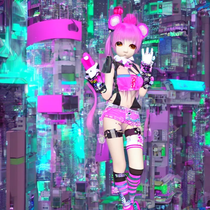 Image similar to 3 d render of a decora gyaru kawaii cybergoth emo girl, in a cyberpunk blade runner maximalist city of my melody sanrio plushies