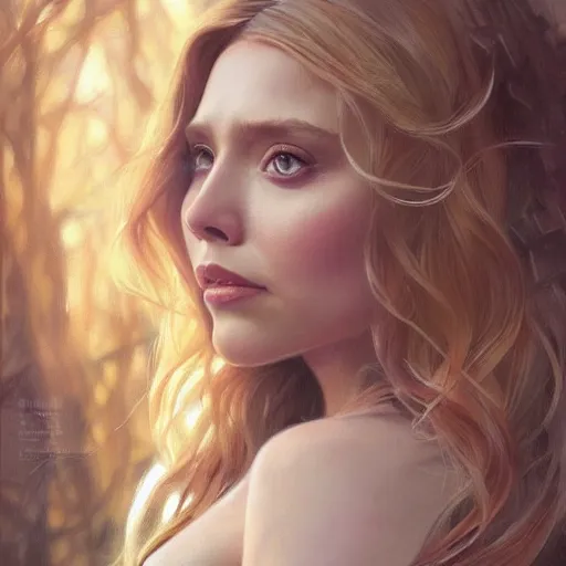 Image similar to ultra realistic illustration, a hot and beautiful painting of a blonde elizabeth olsen, intricate, elegant, highly detailed, digital painting, artstation, concept art, smooth, sharp focus, illustration, art by artgerm and greg rutkowski and alphonse mucha