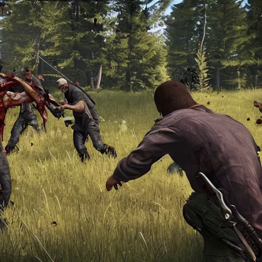 Image similar to survivors fending off a zombie attack in dayz, ultra realistic, hd