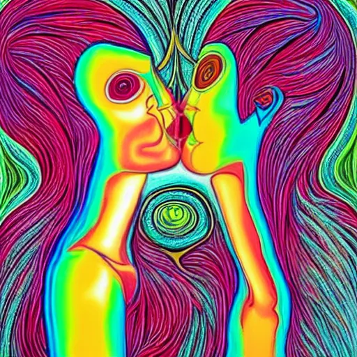 Image similar to emotive painting by alex grey of two bizarre femme creatures kissing each other closeup. they have strange appendages. they are in a psychedelic landscape. speculative evolution, exobiology, golden ratio