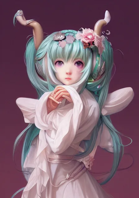 Image similar to hatsune miku and cinnamoroll, dance, intricate, elegant, highly detailed, digital painting, artstation, concept art, smooth, sharp focus, illustration, art by artgerm and greg rutkowski and alphonse mucha and william - adolphe bouguereau