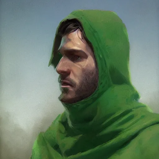 Prompt: portrait of a chad programmer with green hood by greg rutkowski