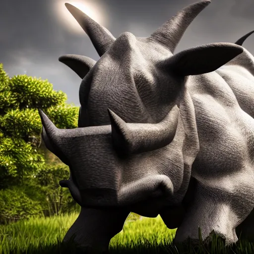 Prompt: photography of a realistic rhyhorn animal, ultra detailed, 8 k, cinematic lighting, natural background, trending on artstation, pokemon