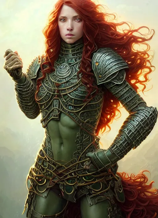 Image similar to ranger, light armor!!! long curly red hair!! covered chest!!! green eyes, fantasy, d & d, intricate ornate details, digital painting, pretty face!!, symmetry, concept art, sharp focus, illustration, art by artgerm! greg rutkowski magali villeneuve wlop! ilya kuvshinov!!, octane render