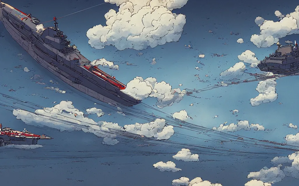 Image similar to japanese battleship yamato flying between the clouds, in the style of james jean and laurie greasley, dynamic composition, dramatic lighting, ultra detailed