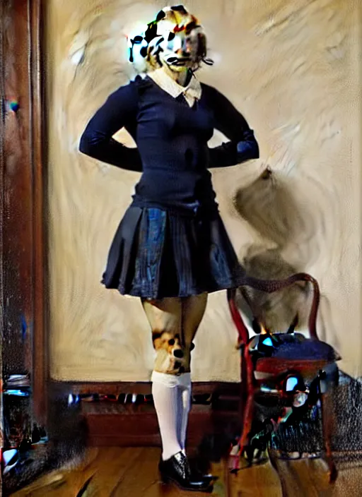 Image similar to oil painting of annasophia robb in a learning uniform, looking furious, startled, stockings, looking seductively attire by John Singer Sargent, Bryan Lee O'Malley, Edward Hopper