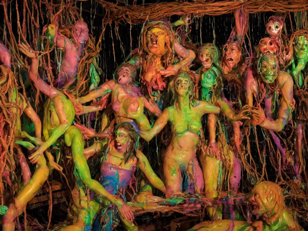 Prompt: still frame from the raft of the medusa as an animatronic schlock body horror comedy film, fun, animatronic figures, Sally Corporation, Garner Holt, play-doh, lurid, vivid colors, neon lights, rubber latex, fleshy, Cronenberg, Rick Baker, dramatic film still, daylight, photo real, wet, slimy, wide angle, rule of thirds, 28mm, 1984, Eastman EXR 50D 5245/7245