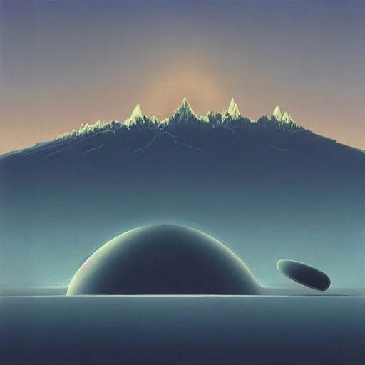 Prompt: quantum physics, mountains, atmosphere, by moebius, by dan mcpharlin