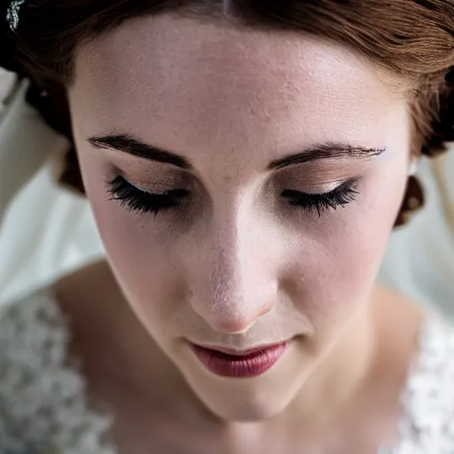 Prompt: close up photo of a beautiful young woman in a wedding dress with Canon 50mm/F1.4, dramatic daylight, downton abbey, bridgerton, 4k, featured on artstation