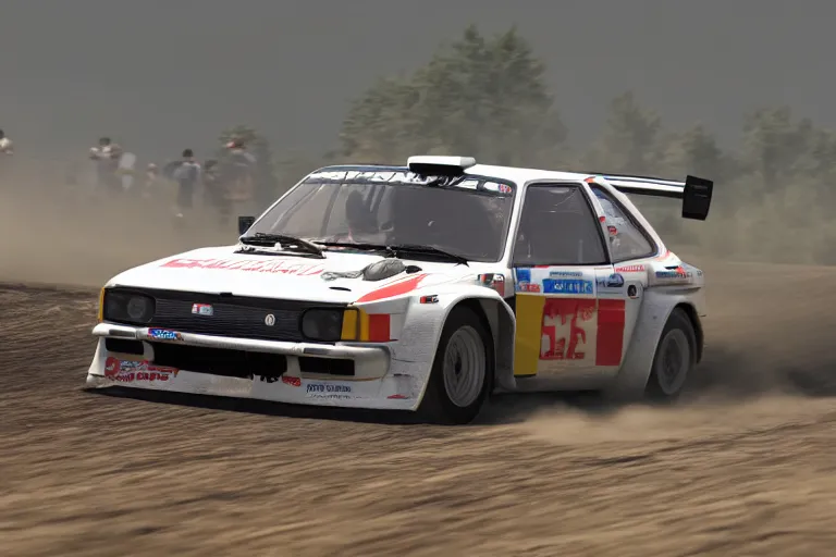 Image similar to group b rally car drifting, forza, photoreal, dynamic scene, dynamic lighting, 8 k, motion blur, dust, trending on artstation, higly detailed, ( higly detailed ), styleframe, crowned, artwork by wlop