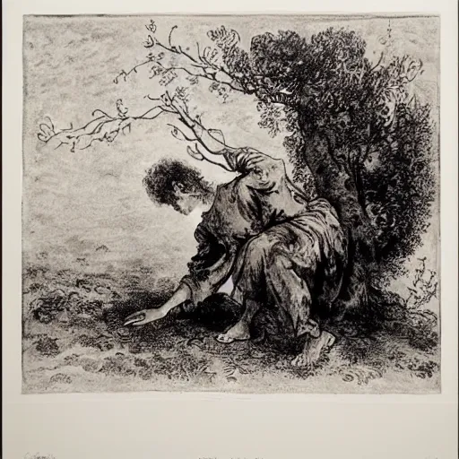 Image similar to by ron garney, by jean - antoine watteau precise screen printing. a land art of a man caught in a storm, buffeted by wind & rain. he clings to a tree for support, but the tree is bent by the force of the storm. he is soaking wet. his face is contorted with fear & effort.