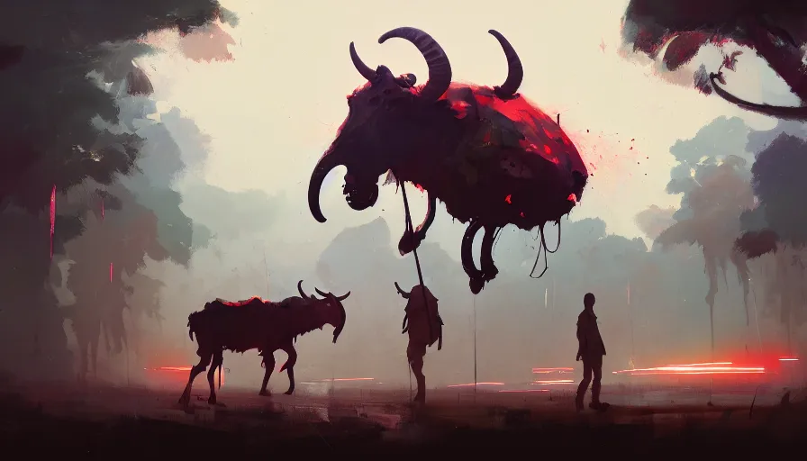 Prompt: ismail inceoglu and jama jurabaev's concept art, cel shadow, film shooting, trends on artstation, high quality, brush strokes, bright colors, a giant demon goat skull buried in the mysterious rain forest